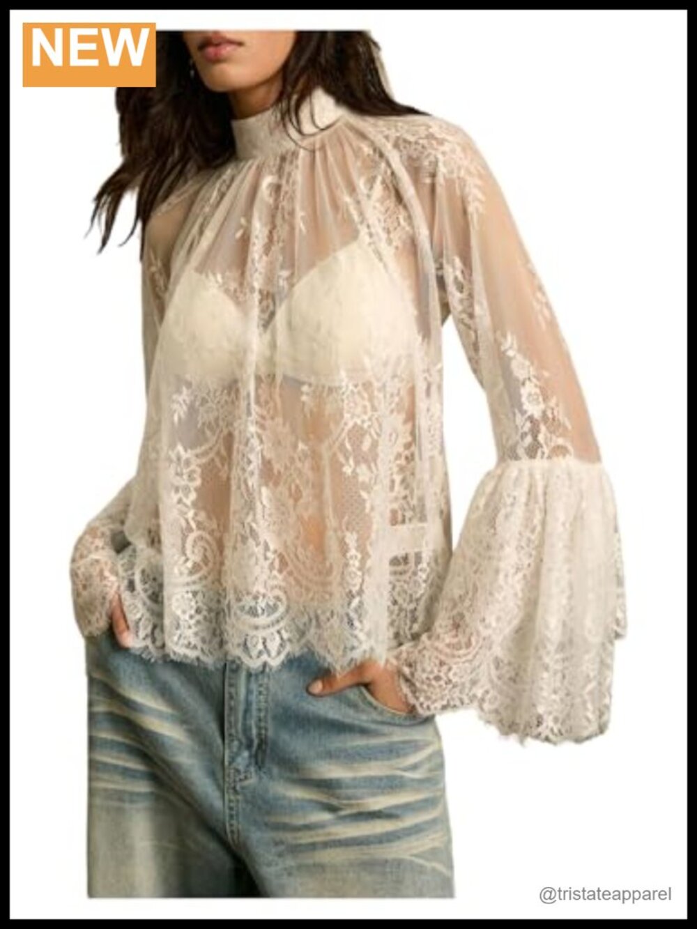 Sheer Lace Flowy Blouse Mock Neck Long Sleeve Boho Top